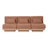 Modern three-seater sofa in warm brown upholstery with a smooth texture and minimalist design.