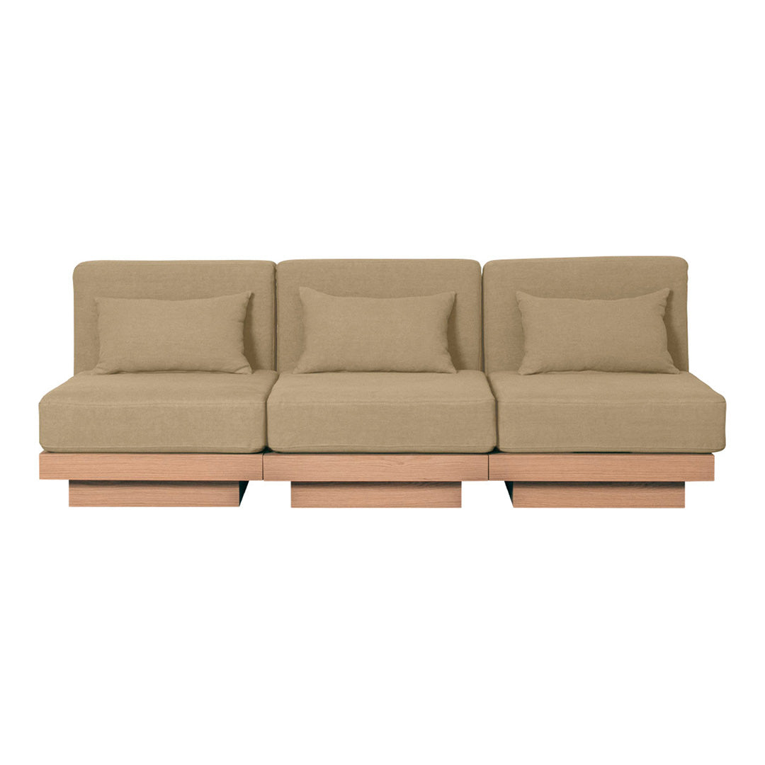 Beige three-seat sofa with a minimalist design and smooth fabric upholstery, featuring clean lines and complementary wooden base.
