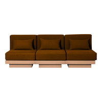 Brown velvet three-seater sofa with smooth, clean lines and minimalist wooden base, adding warmth to any space.