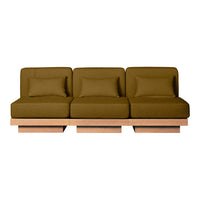 Olive green fabric sofa with a minimalist wooden base, featuring clean lines and no visible patterns.
