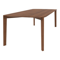 Warm walnut wood dining table with a sleek, minimalist design and smooth, natural grain pattern.
