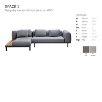 Gray sectional sofa with sleek lines and a stylish wood accent, featuring a modern, minimalist design.