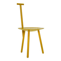 Bright yellow minimalist chair with a round seat and unique handle design, perfect for modern decor.