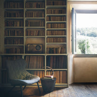 Cozy interior featuring a gray chair, rustic brown bookshelves, and warm neutral tones with a touch of greenery outside.