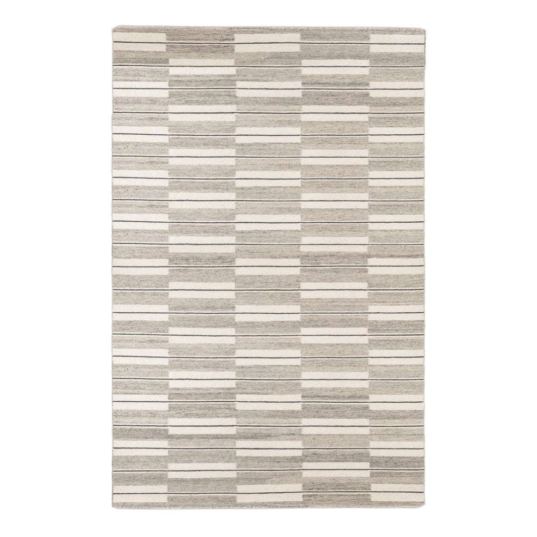 Light gray and cream striped area rug featuring a modern geometric pattern. Ideal for contemporary home decor.