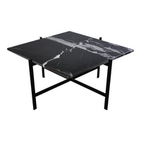 Black marble table with striking white veining and a minimalistic black metal frame. Elegant and modern design.