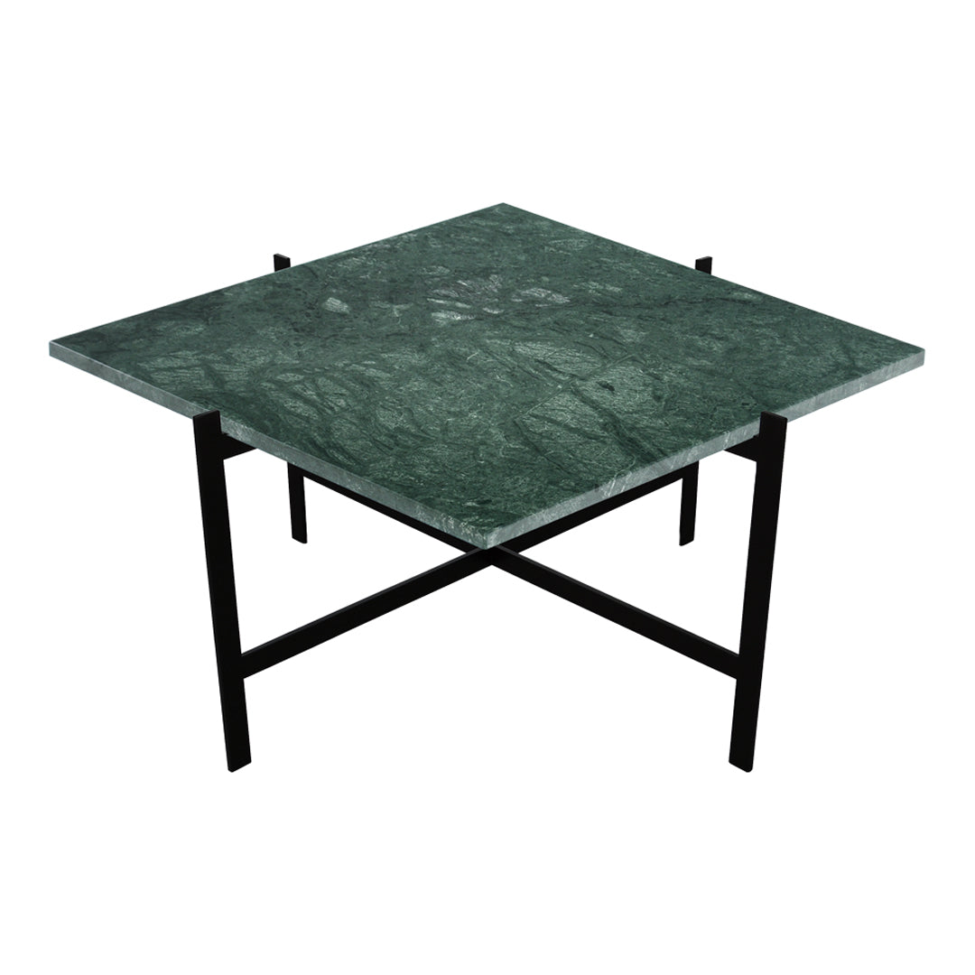 Square green marble tabletop with natural veining, featuring a sleek black metal base for a modern look.