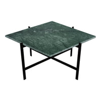 Square green marble tabletop with natural veining, featuring a sleek black metal base for a modern look.