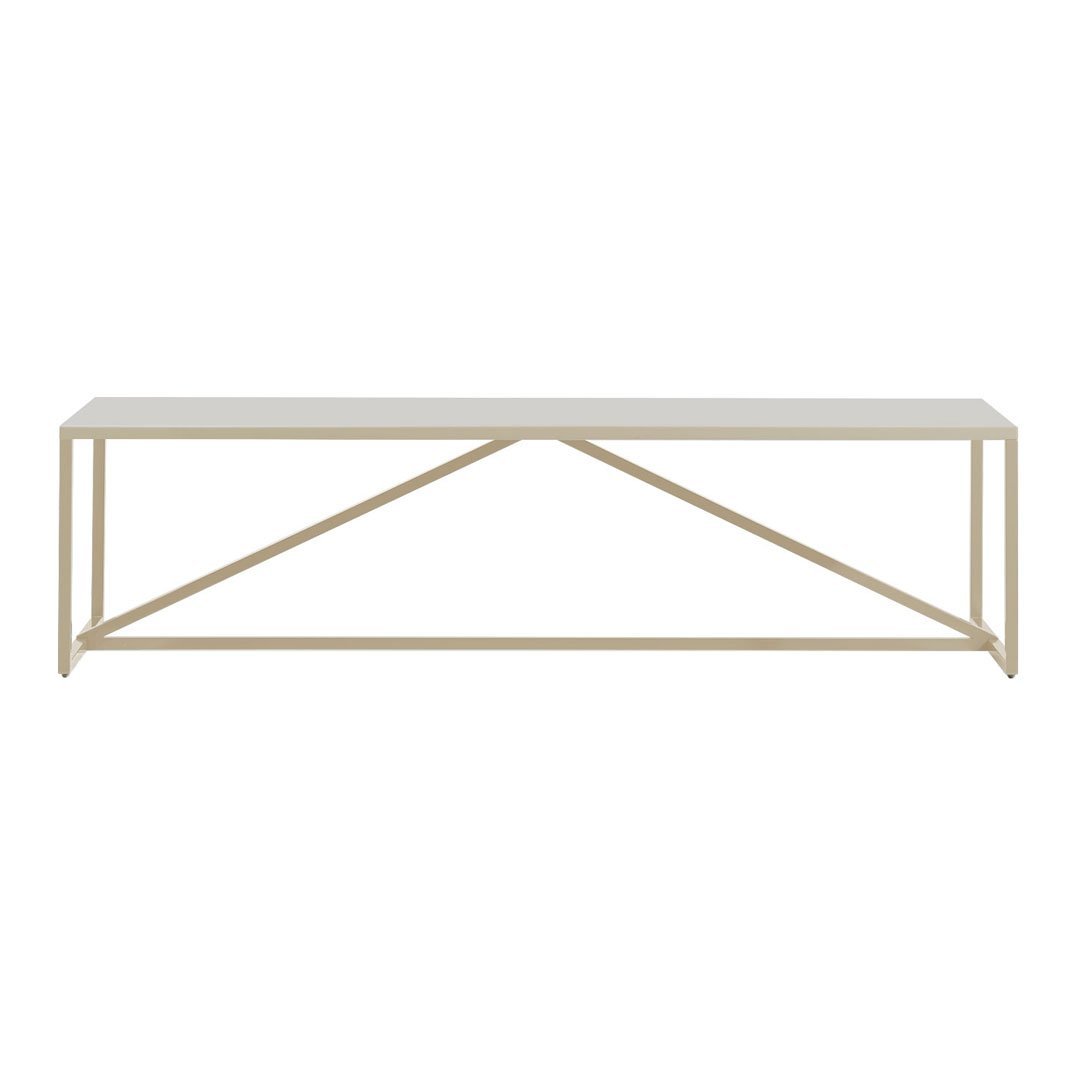 White table with a minimalist design and a light beige geometric metal frame. Clean lines and modern aesthetic.