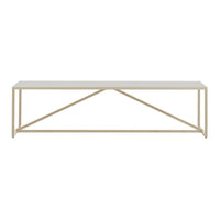 White table with a minimalist design and a light beige geometric metal frame. Clean lines and modern aesthetic.