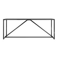 Industrial black metal console table with a minimalist design and geometric patterns. Perfect for modern decor.