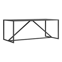 Black industrial-style table with a sleek, minimalist design and geometric frame. No additional patterns.