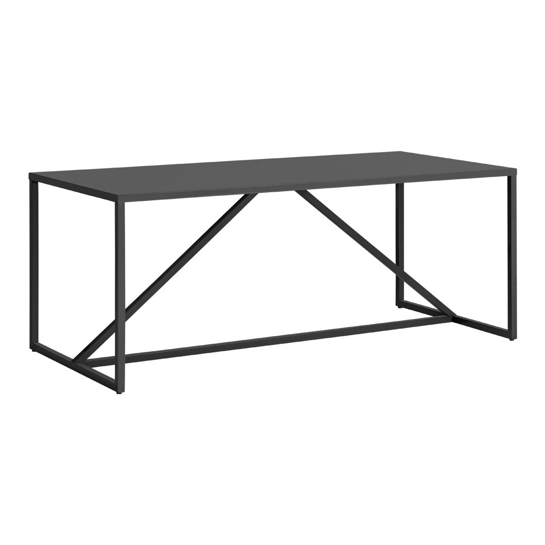 Sleek black rectangular table with a minimalist design and geometric pattern in the metal base.