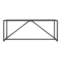 Sleek black metal console table with geometric pattern and minimalist design, perfect for modern decor.