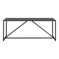 Sleek black rectangular table with a minimalist design and geometric metal base. Ideal for modern interiors.