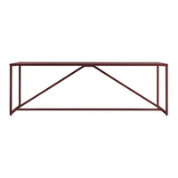 Rust-colored metal console table with a minimalist design and angular patterns, perfect for modern decor.