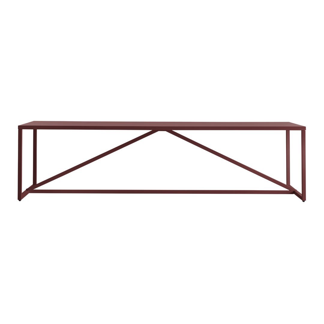 Rust-colored bench with a geometric metal frame and simple, sleek design. Perfect for modern decor.