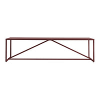Rust-colored bench with a geometric metal frame and simple, sleek design. Perfect for modern decor.