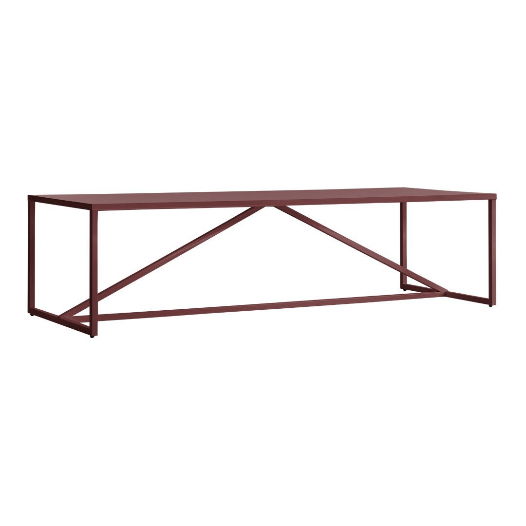 Rectangular coffee table in deep burgundy with a sleek metal frame and minimalist cross-support design.