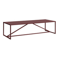 Maroon rectangular coffee table with a minimalist metal frame and clean lines, perfect for modern decor.