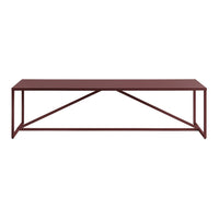 Rust-colored metal coffee table with a minimalist design and geometric pattern on the base. Perfect for modern decor.
