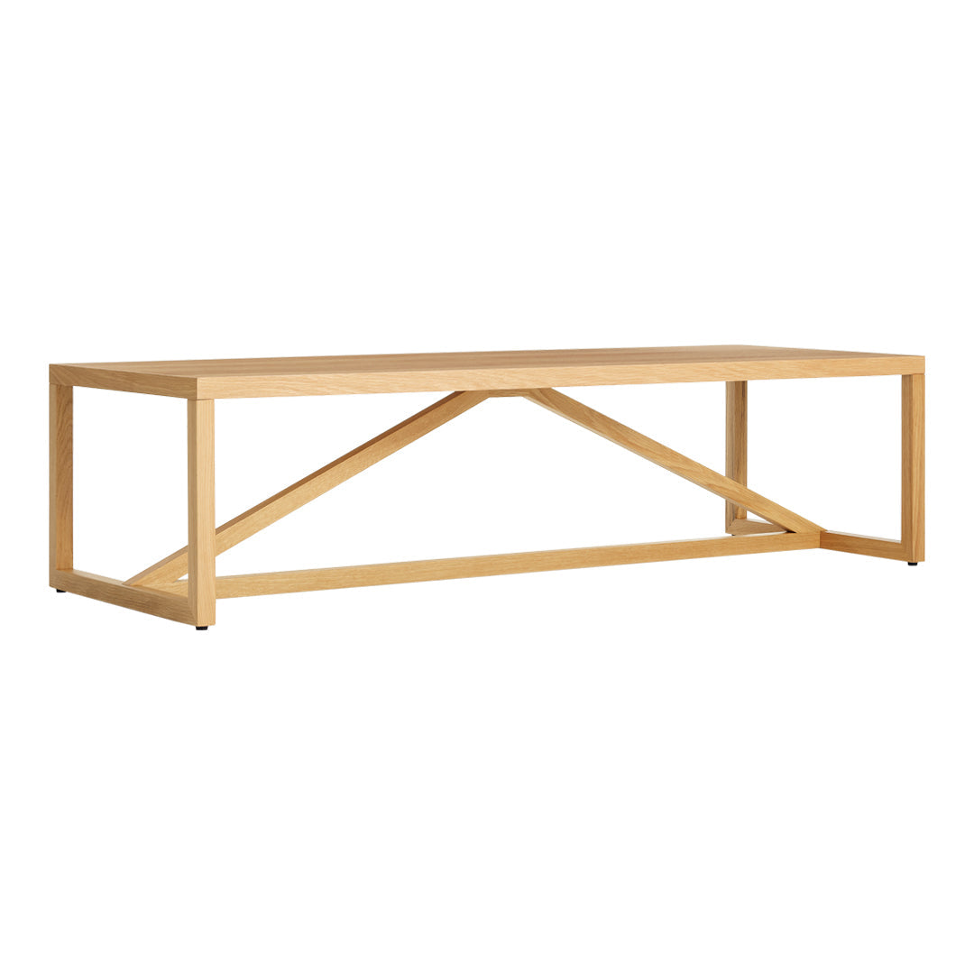 Natural wood coffee table with a minimalist design, featuring a smooth finish and clean lines. Ideal for modern decor.