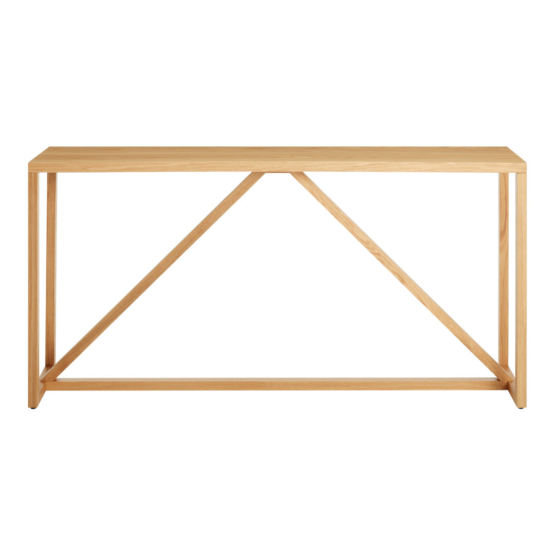 Light wood console table with a natural finish and geometric cross-brace design, perfect for modern decor.