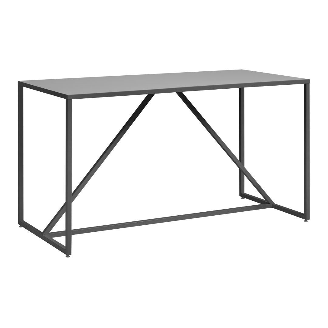 Sleek gray table with a minimalist design and geometric black metal frame, perfect for modern decor.