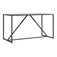 Black metal console table with a sleek, modern design and geometric patterns in the frame for added style.