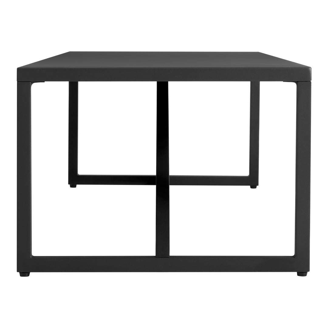 Black square table with a minimalist design and sleek, modern metal frame. Perfect for contemporary spaces.
