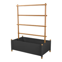 Black planter box with wooden ladder trellis in natural finish, featuring clean lines and modern design.
