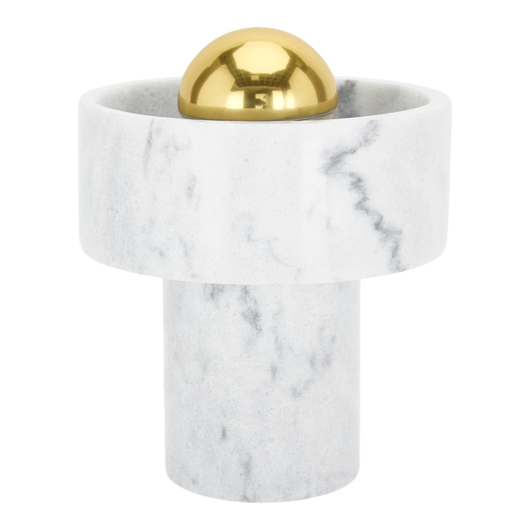 Elegant white marble with subtle gray veining and a shiny gold sphere accent. Ideal for modern decor.