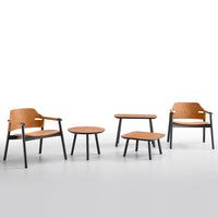 Set of modern furniture featuring warm wood tones and sleek black accents, with a minimalist design.