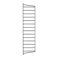 Black vertical storage rack with multiple slatted shelves for efficient organization. Ideal for maximizing space.