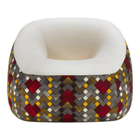 Colorful patterned bean bag with red, yellow, gray, and white woven design, featuring a white inner cushion.