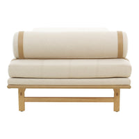 Cream upholstered two-seater sofa with natural wood base and subtle contrasting straps. Modern minimalist design.