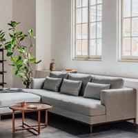 Light grey upholstered sofa with square cushions, paired with a warm wood coffee table and vibrant green plants.