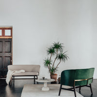 Modern living room featuring a beige sofa, green chair, and potted plant against a minimalist white wall.