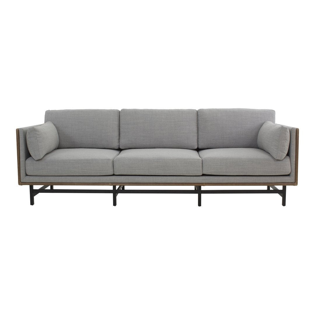 Gray fabric sofa with a sleek wood frame and black metal legs, featuring a minimalist design and subtle textures.