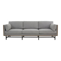 Gray fabric sofa with a sleek wood frame and black metal legs, featuring a minimalist design and subtle textures.