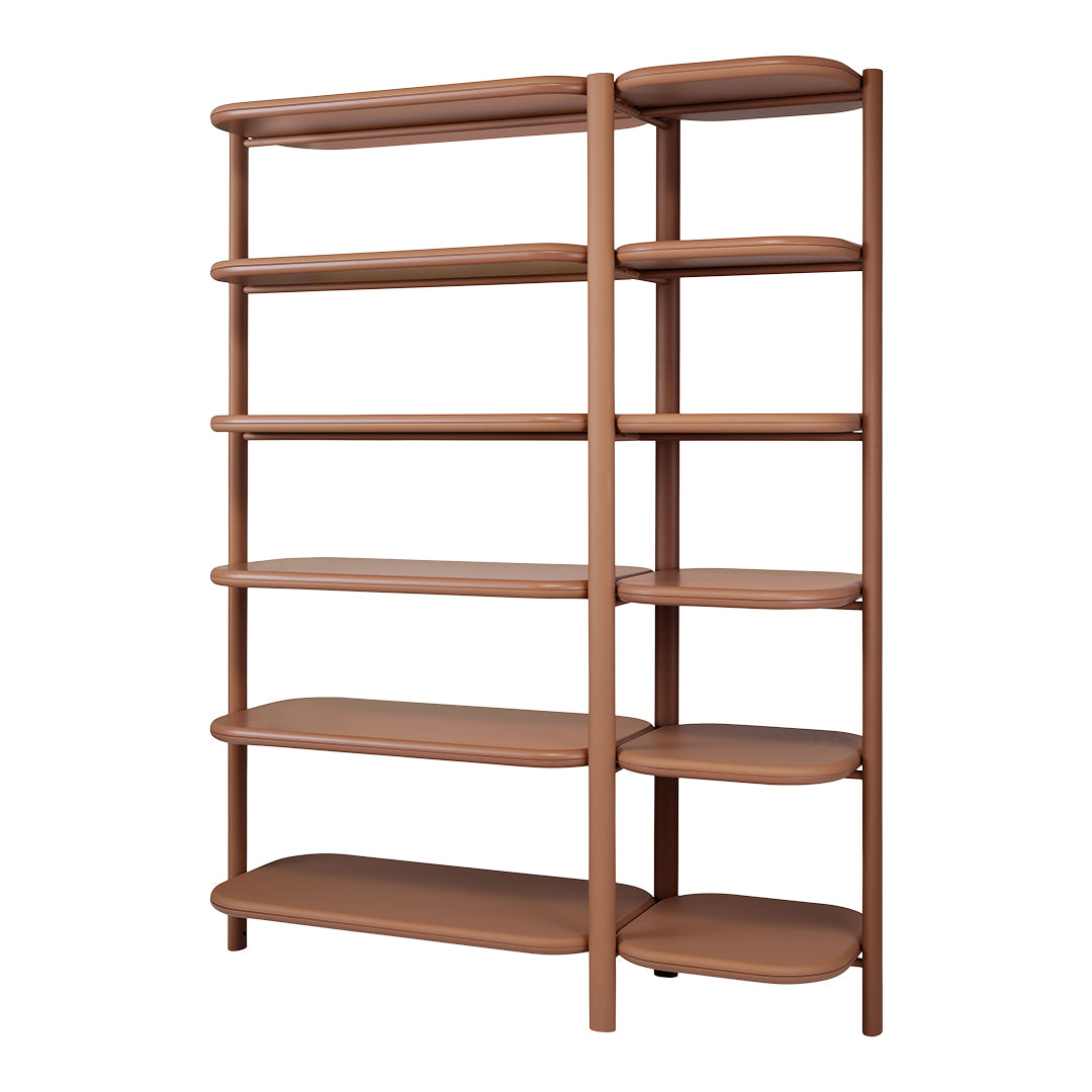 Brown, minimalist shelving unit with rounded edges and a sleek design, ideal for modern decor.