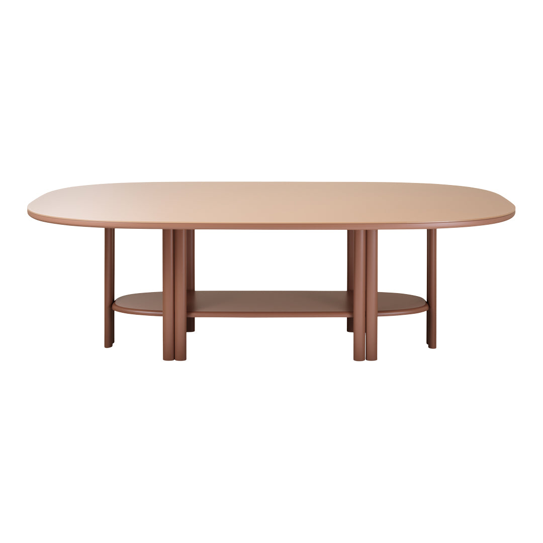 Elegant oval table in soft beige with rich brown legs and shelf, featuring a smooth, modern design.