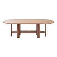 Elegant oval table in soft beige with rich brown legs and shelf, featuring a smooth, modern design.