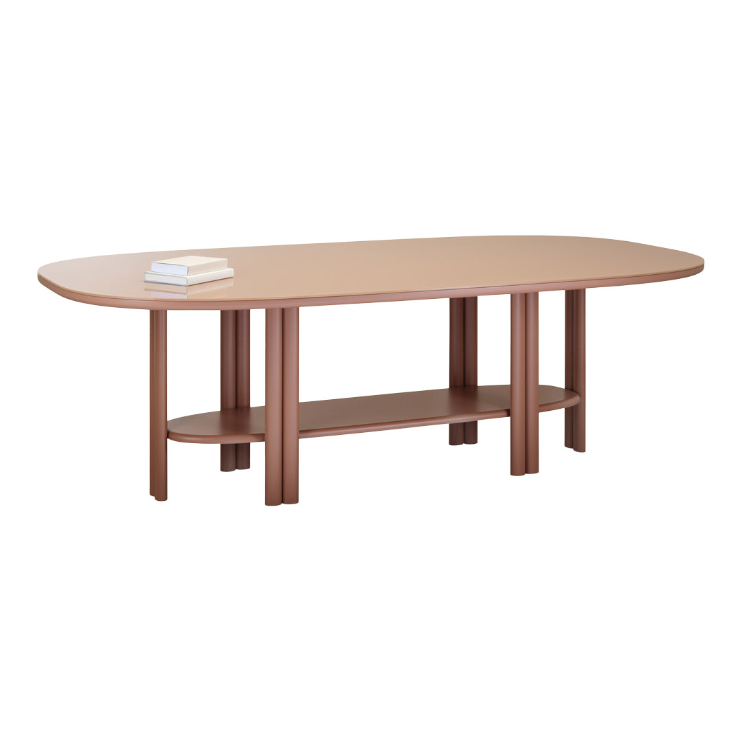 Brown oval dining table with smooth finish and minimalist design, features a shelf and rounded edges for contemporary style.