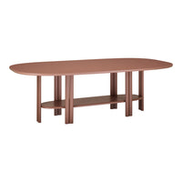 Oval brown dining table with smooth finish and minimalist design, featuring a lower shelf for added storage.