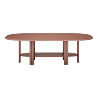 Oval brown table with a smooth finish and minimalist design, featuring two supportive legs and an open shelf.