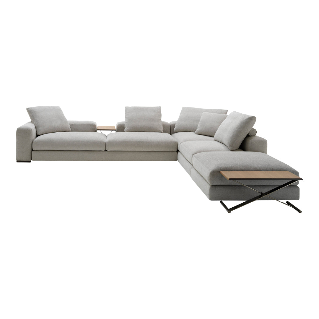 Light grey sectional sofa with plush cushions and sleek wood accents. Modern design, perfect for any living space.