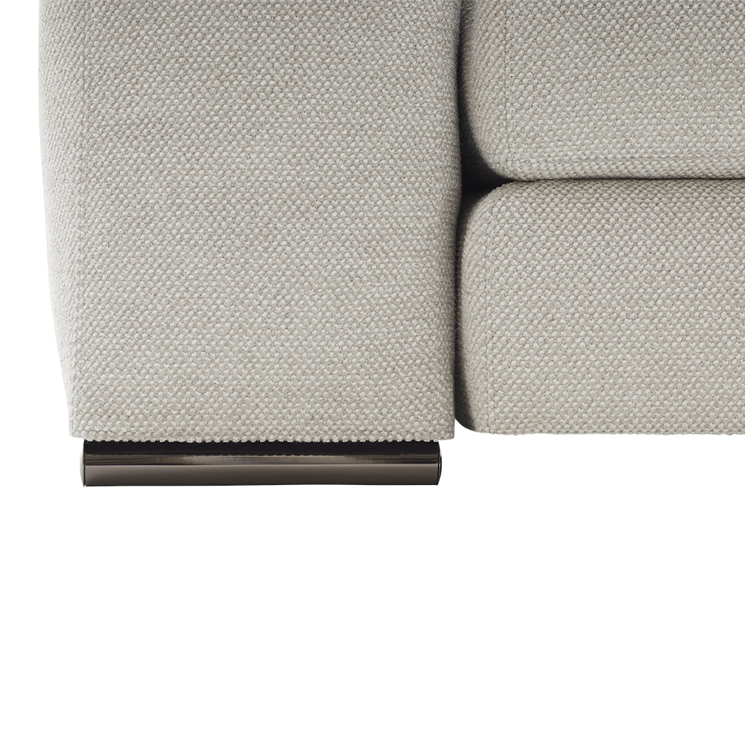 Light gray textured fabric with a subtle pattern, featuring a sleek black metal base.