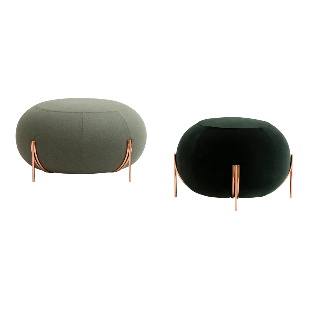 Teal upholstered pouf with a textured pattern and gold metal legs, ideal for modern decor.