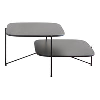 Three modern side tables with sleek gray surfaces and minimalist black and gold metal frames.